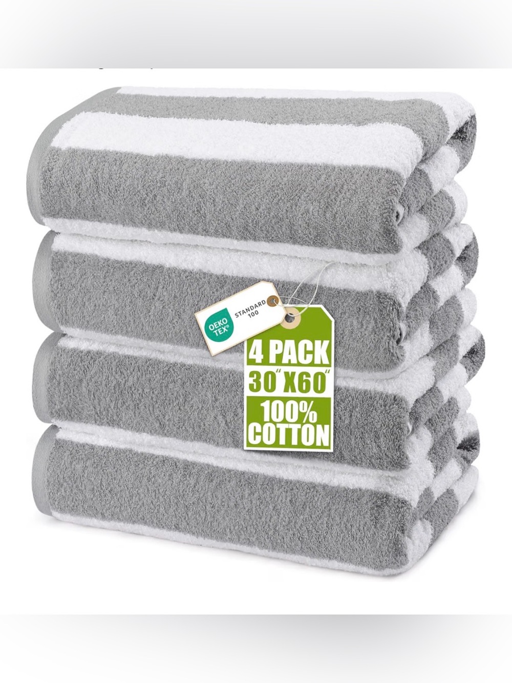 New Utopia Towels Cabana Beach Towels, 4 Pack, 30x60 in, Cotton, Striped, Grey